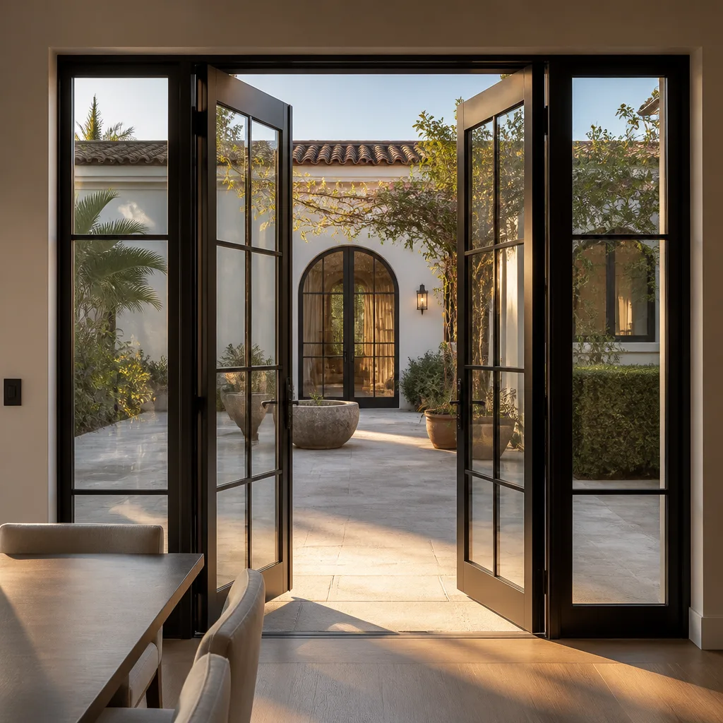 Black-framed French doors opening to a sunlit Mediterranean courtyard patio.