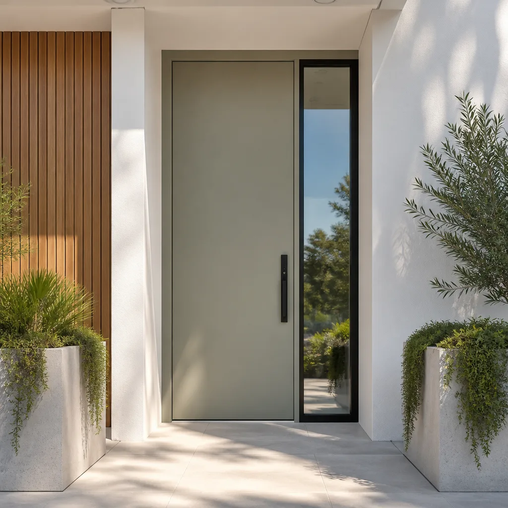 Modern sage green front door with glass sidelight in contemporary home entrance