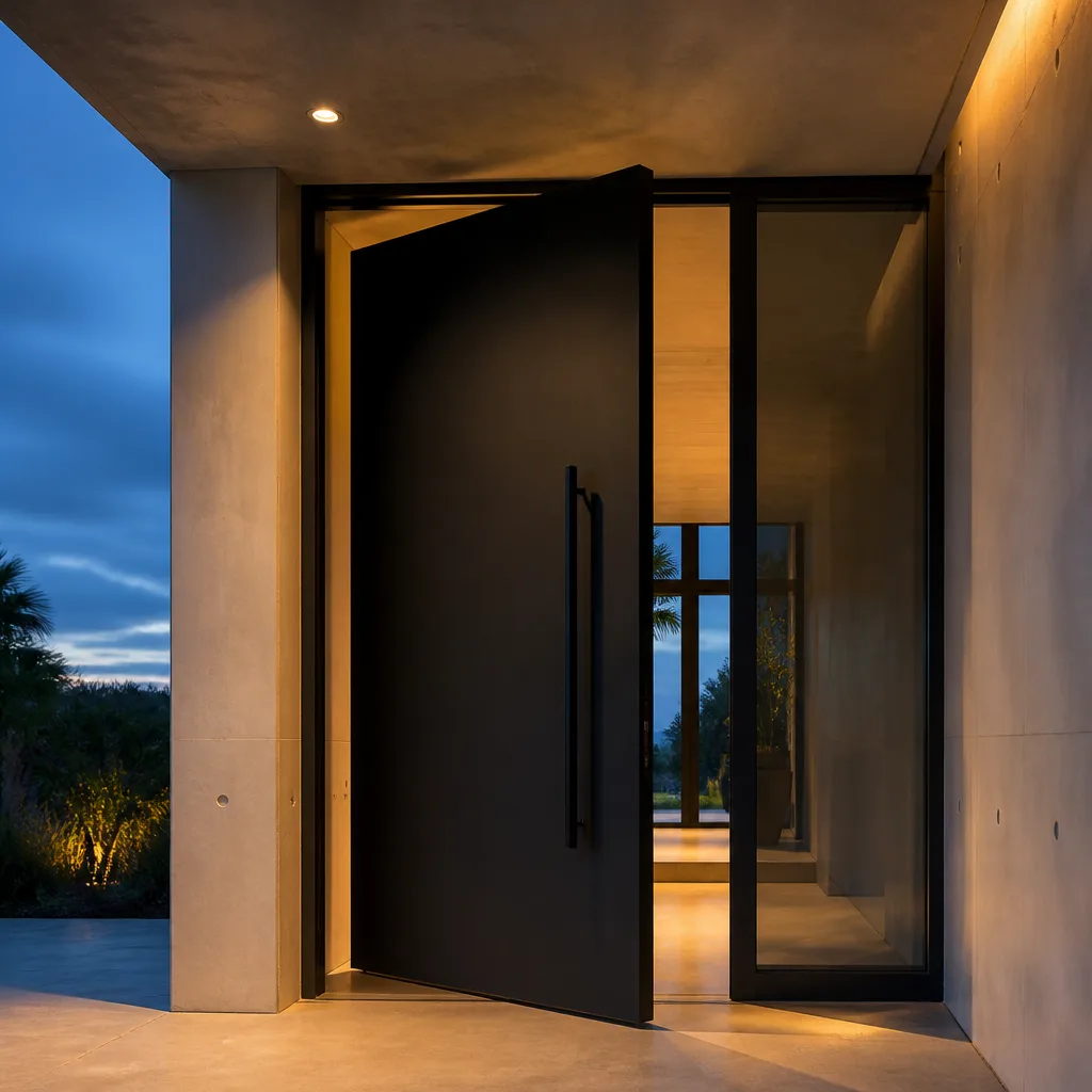 Modern oversized pivot front door installation in a contemporary home entrance