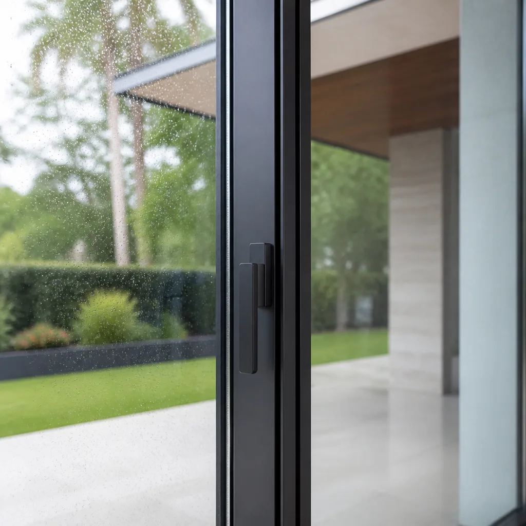 Modern black framed glass sliding door with contemporary handle
