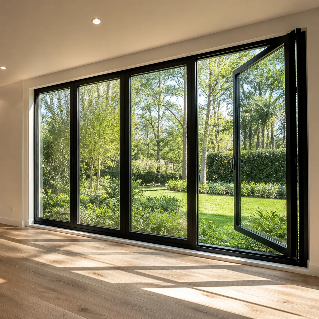 Modern black-framed folding patio doors opening onto a sunny garden